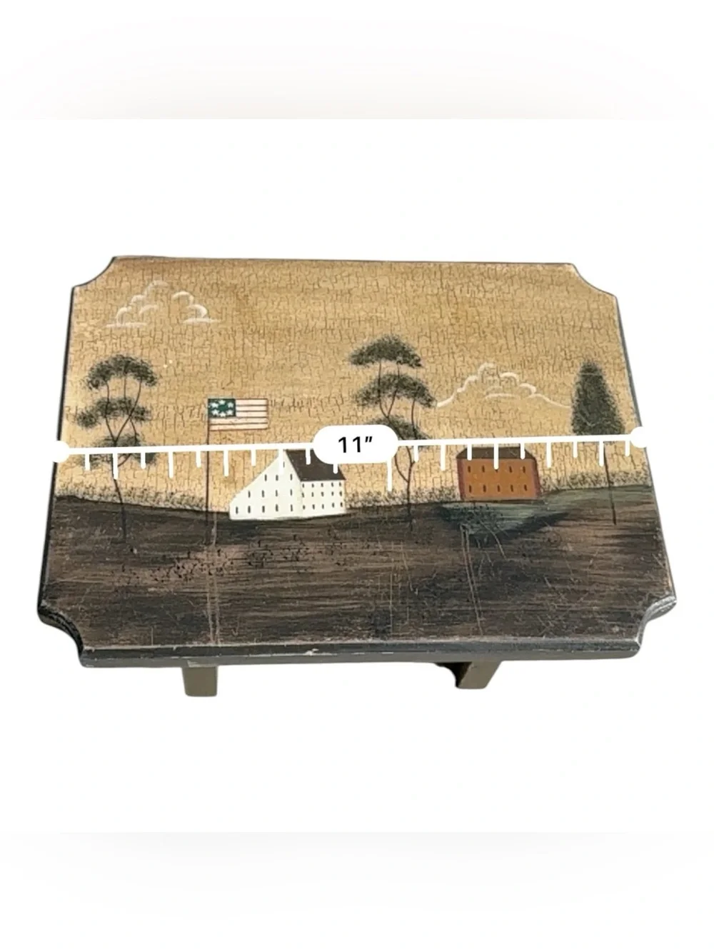 Vintage Hand Painted Primitive Americana Wood Footstool Folk Art Farmhouse Decor